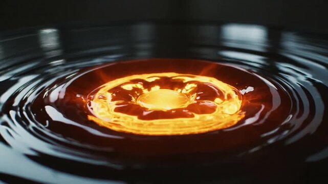 Forming glowing orange toroidal splash on dark liquid in shallow container, with panel highlights