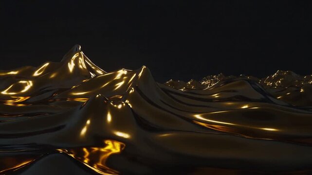 Starting camera pullback, gold surface undulating in dark void, revealing shifting specular glares
