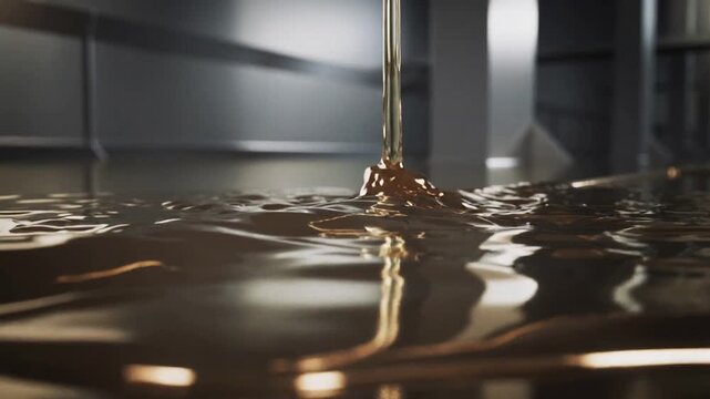 Pouring steady stream, amber syrup spreading on studio plane, submerging metal rail, forming pool