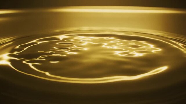 Vertical video: Forming central crater from impulse ringed ripples radiating across shiny gold pool