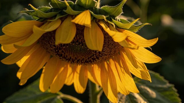 Nodding sunflower head reacting to breeze and catching warm sunlight in field, revealing seed disk