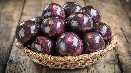 Obraz premium Group of ripe jabuticabas Plinia cauliflora with their glossy dark purple skin arranged in a traditional wicker basket on a wooden table