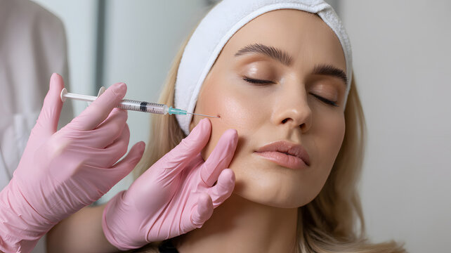 Aesthetic facial injection for skin rejuvenation, professional cosmetic procedure with dermal fillers or botox. Young woman receiving anti-aging treatment at beauty clinic with medical syringe
