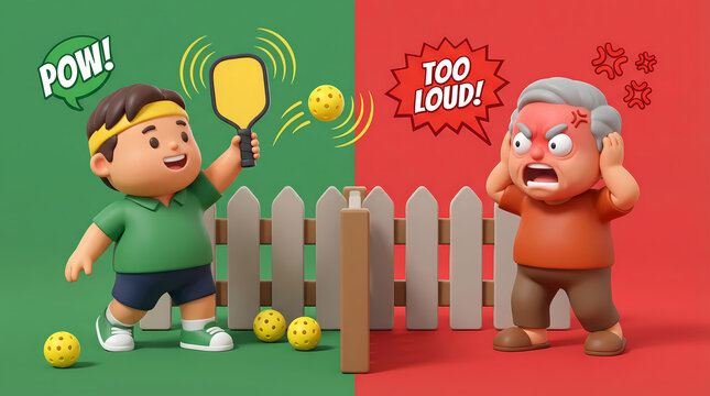 3D cartoon pickleball noise complaint neighbors frustrated by loud racket sport activity in residential backyard illustration for social media and marketing