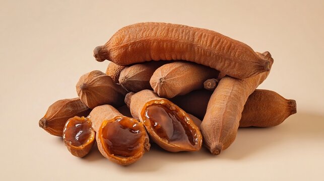Group of tamarinds Tamarindus indica with their brown pods cracked open showing the sticky brown pulp inside placed on a minimalist beige background