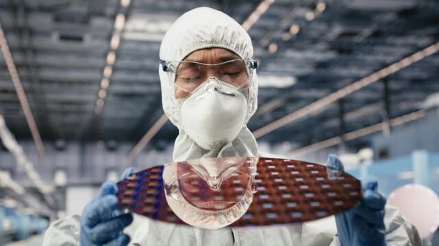 Close up of researcher holding processed silicon wafer inside automated manufacturing facility. Expert inspecting delicate microelectronic hardware during QC analysis process, camera B