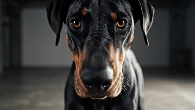 Intense Doberman Pinscher Dog Staring Directly Into the Camera in a Concrete Room with Dramatic Lighting