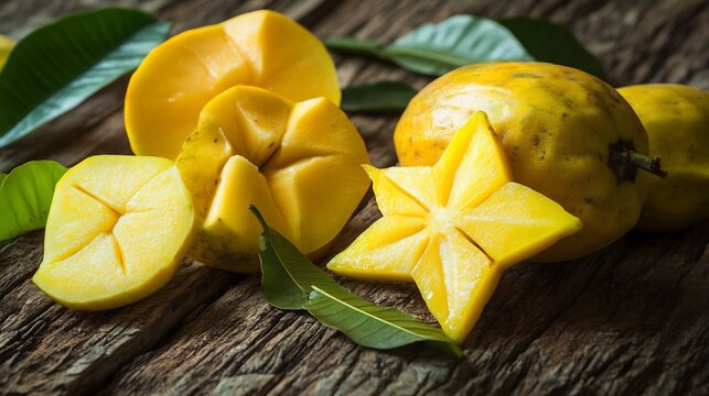 Freshly picked carambolas Averrhoa carambola their bright yellow starshaped slices arranged on a rustic wooden table with some leaves scattered around
