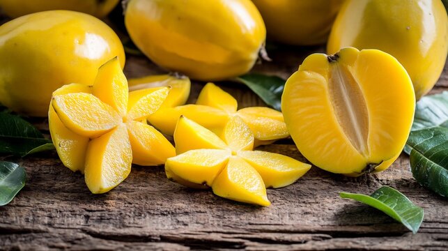 Freshly picked carambolas Averrhoa carambola their bright yellow starshaped slices arranged on a rustic wooden table with some leaves scattered around
