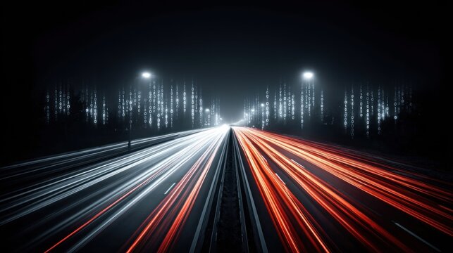 Highway at night with light trails and digital binary code falling like rain