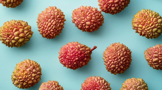 Freshly picked lychees Litchi chinensis their rough red skin arranged on a light blue background to highlight the fruit's color and texture