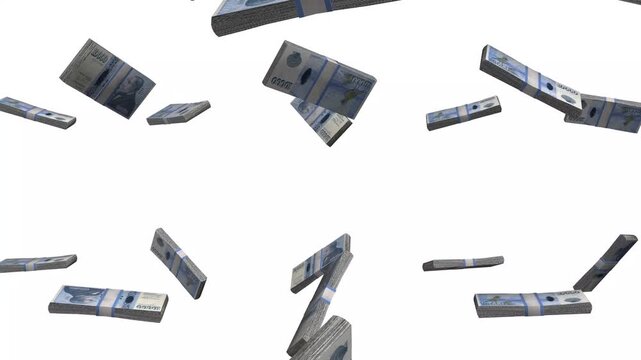 Iceland Money, Icelandic Krone Banknotes Falling, ISK Currency Stacks, White Background, 4K