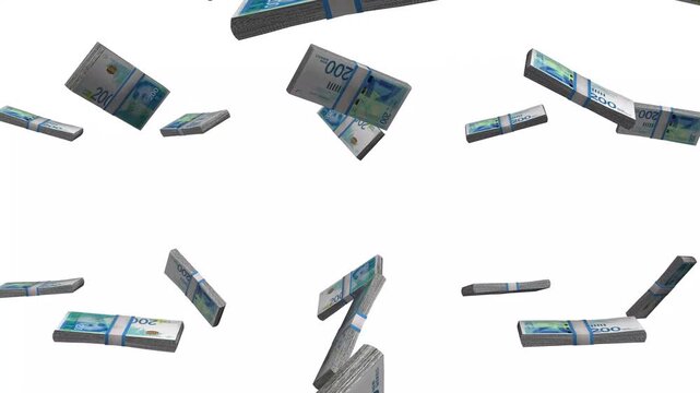 Israel Money, New Israeli Shekel Banknotes Falling, ILS Currency Stacks, White Background, 4K