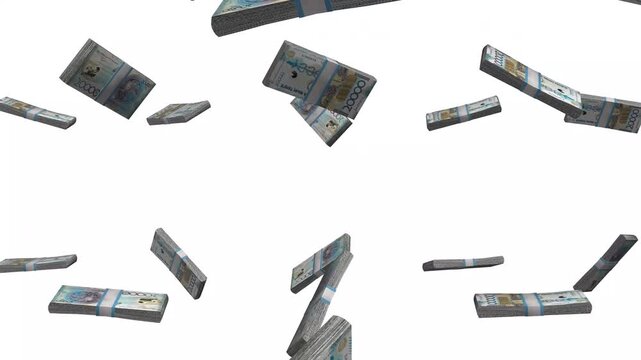 Kazakhstan Money, New Tenge Banknotes Falling, KZT Currency Stacks, White Background, 4K
