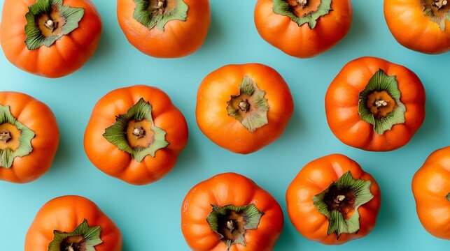 Freshly picked persimmons Diospyros kaki their bright orange skin arranged on a light blue background to highlight the fruit's color and texture
