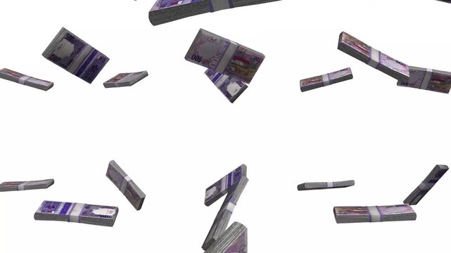 Qatar Money, Qatari Riyal Banknotes Falling, QAR Currency Stacks, White Background, 4K