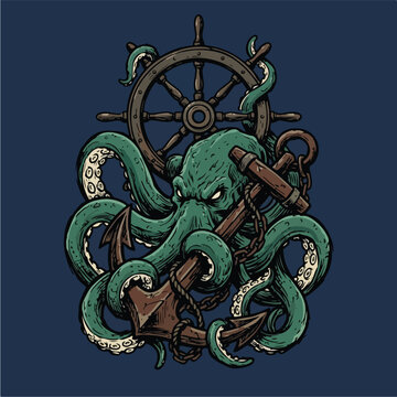 Cthulhu Tentacles Ship Wheel Anchor.