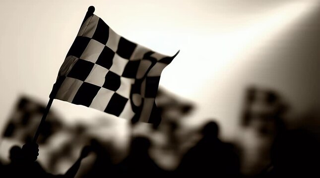 Checkered flag waving triumphantly at a race event blurred crowd in background conveys excitement and victory a symbol of achievement and competition