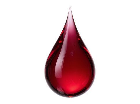 Isolated vibrant red glossy liquid drop in elegant teardrop shape with captivating reflections