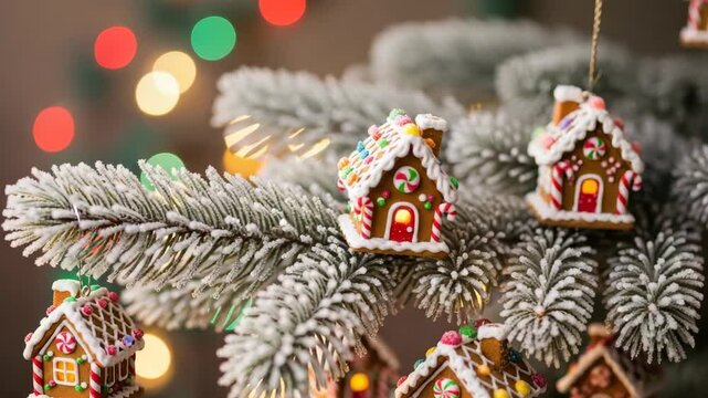 Close-up Of Gingerbread House Ornaments Hanging On Frosted Christmas Tree Branch With Blurred Colorful Bokeh Lights In The Background For Holiday-themed Advertising