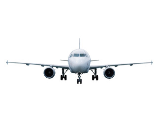 Isolated modern commercial passenger jet airliner with deployed landing gear, front view © Conor