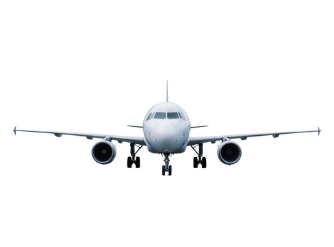 Isolated modern commercial passenger jet airliner with deployed landing gear, front view