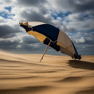 A black and orange beach umbrella stands alone on a sandy shore under a dark and cloudy sky. guarda sol