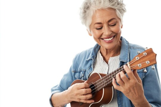 Elderly woman with gray hair smiling while playing ukulele