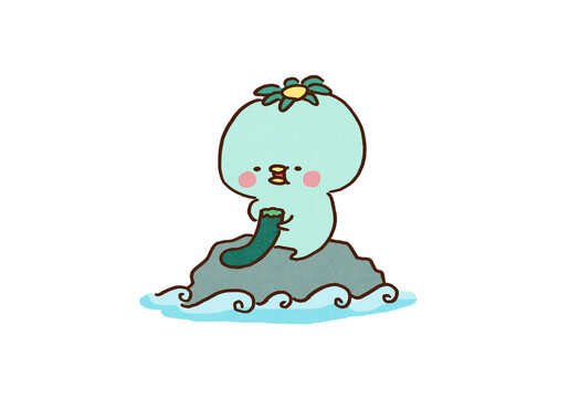 Cute Japanese kappa yokai sitting on a rock and eating a cucumber