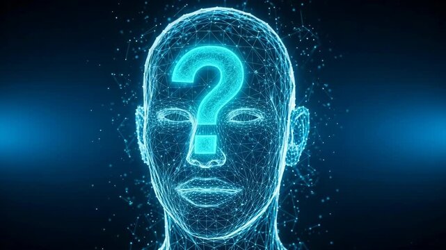 3d Polygonal Human Face Glowing Overlaid With Question Mark In Front Of Blue Gradient Illustrates Ai Concepts Technology Inquiries Useable For Data Science Neural Networks Future Tec