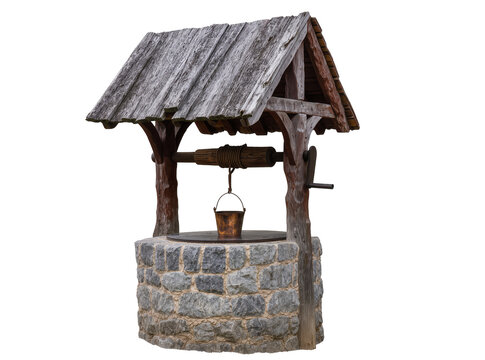 Isolated old rustic well with a stone base, weathered wooden roof, and metal bucket