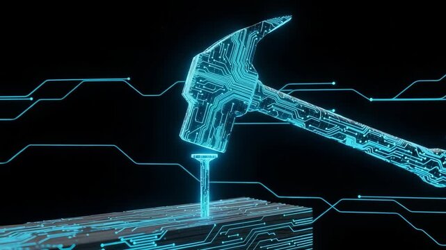 Futuristic Circuit-board-patterned Hammer Hitting Digital Nail Into Digital Wooden Block With Circuit Board Designs In The Background To Symbolize Technology Data Digital Concepts