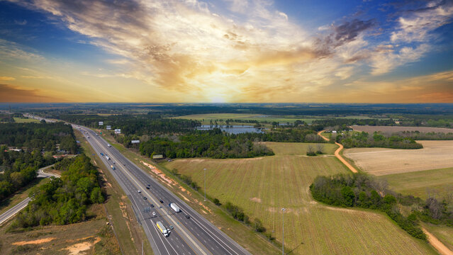Aerial shot of cars driving on the highway in Ashburn Georgia USA