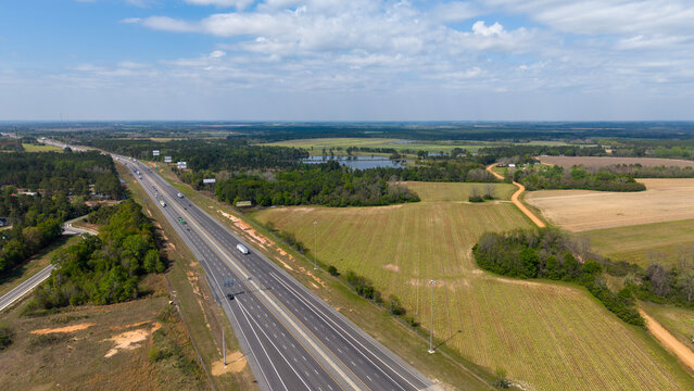 Aerial shot of cars driving on the highway in Ashburn Georgia USA