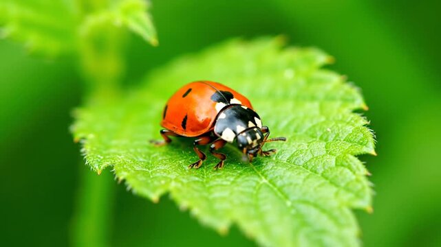 Ladybug on green leaf.