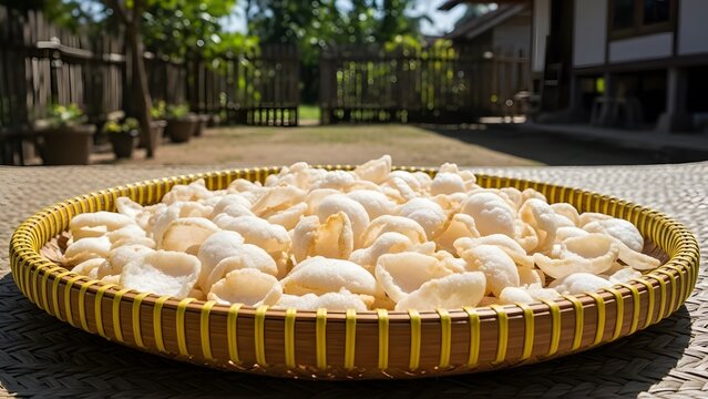Traditional Indonesian krupuk crackers drying in a woven basket under the sun.