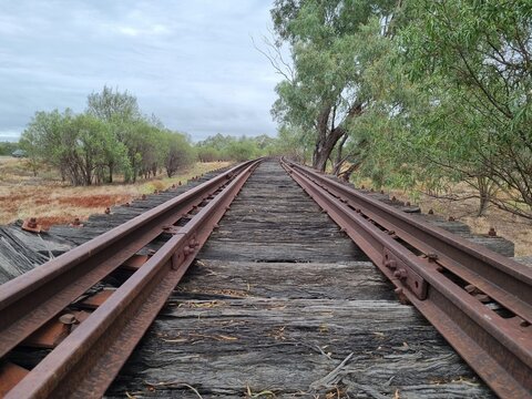 Abandoned railway line on a trestle bridge in the Australian Bush near Walgett New South Wales