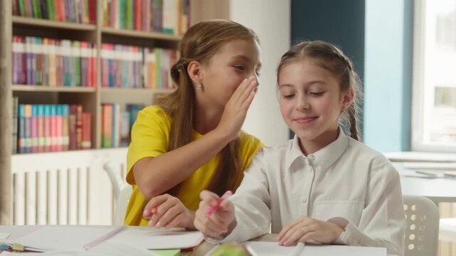 Funny Caucasian little girls children whispering secrets together in classroom laughing conversation kids schoolgirls students pupils classmates friends gossip talking fun education indoor childhood