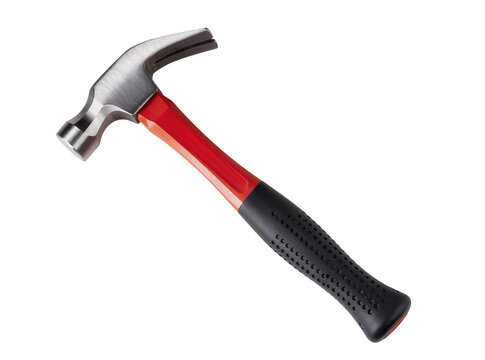 Isolated modern claw hammer with red handle and black ergonomic grip, essential construction tool.