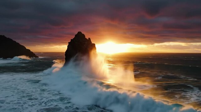Epic ocean waves crash against rocky sea stack at golden sunset with dramatic sky in scenic coastal landscape