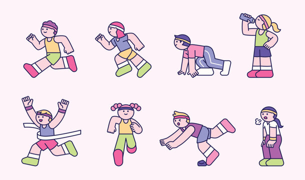 A bundle set featuring cute characters in marathon poses. featuring a design and geometric shape.