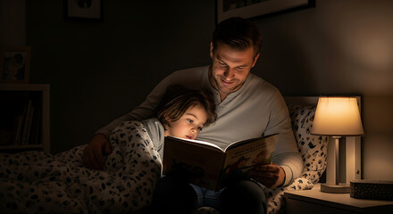 Fototapeta premium Father and child reading bedtime story by soft lamp light in cozy bedroom