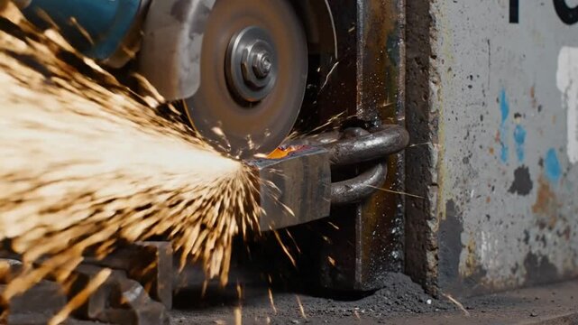 Close up angle grinder cutting through metal lock with sparks flying in industrial workshop setting