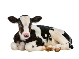 Isolated cute and adorable black and white Holstein dairy calf lying down peacefully © Ciara