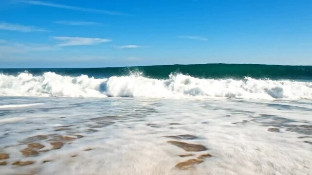 Spectacular ocean waves crashing on a sandy beach under a bright blue sky on a sunny day