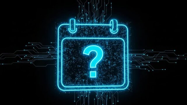 Glowing Digital Calendar With Question Mark In The Center Against Dark Background With Lines Of Microchips For Concepts Related To Schedules Planning Technology Uncertainties
