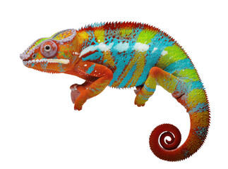 Isolated vibrant Panther Chameleon with colorful skin patterns, intricate texture, and curled tail © Ciara
