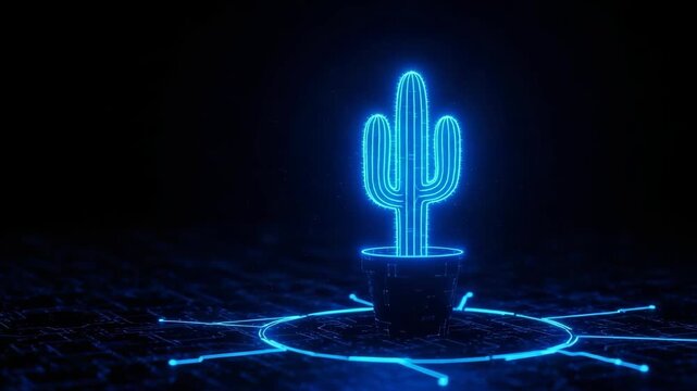 Glowing Neon Cactus In Pot Illuminated By Blue Light Set Against Dark Background Digital Technology Concepts Of Growth Data For Tech Articles Designs