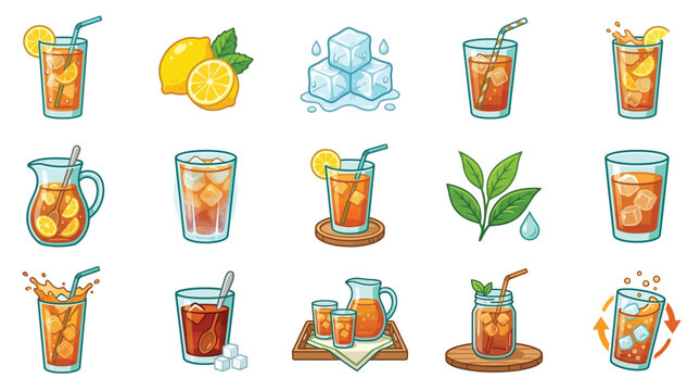 Collection of refreshing iced tea illustrations, featuring glasses, pitchers, lemons, and ice cubes, perfect for beverage-related designs.
