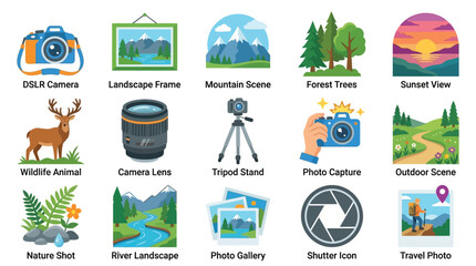 A collection of 15 colorful flat icons representing various photography themes and equipment, including cameras, lenses, tripods, and different scenic subjects like landscapes, wildlife, and nature. © GJ